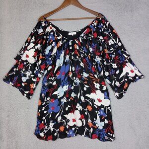 Parker Dress Women's Small Black Floral 100% Silk Slit Sleeve Preppy Party